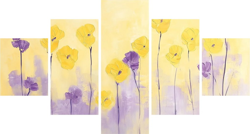 Obraz - Fioletowe i żółte kwiatuszki (125x70 cm)