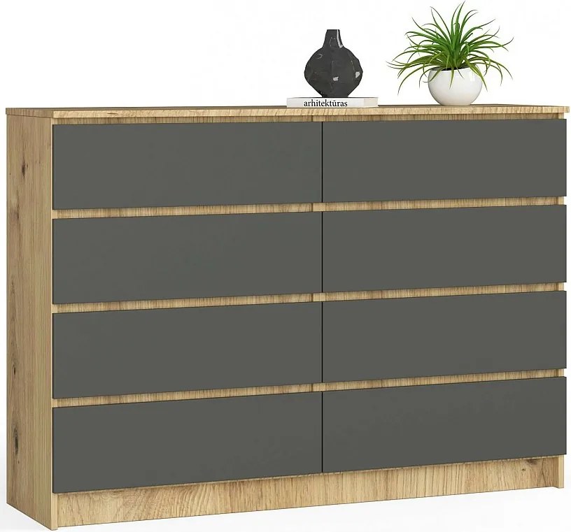 Komoda AKORD K140 Dąb Artisan 138 cm 8 szuflad kolor Grafit Szary mat 138x40x99 cm
