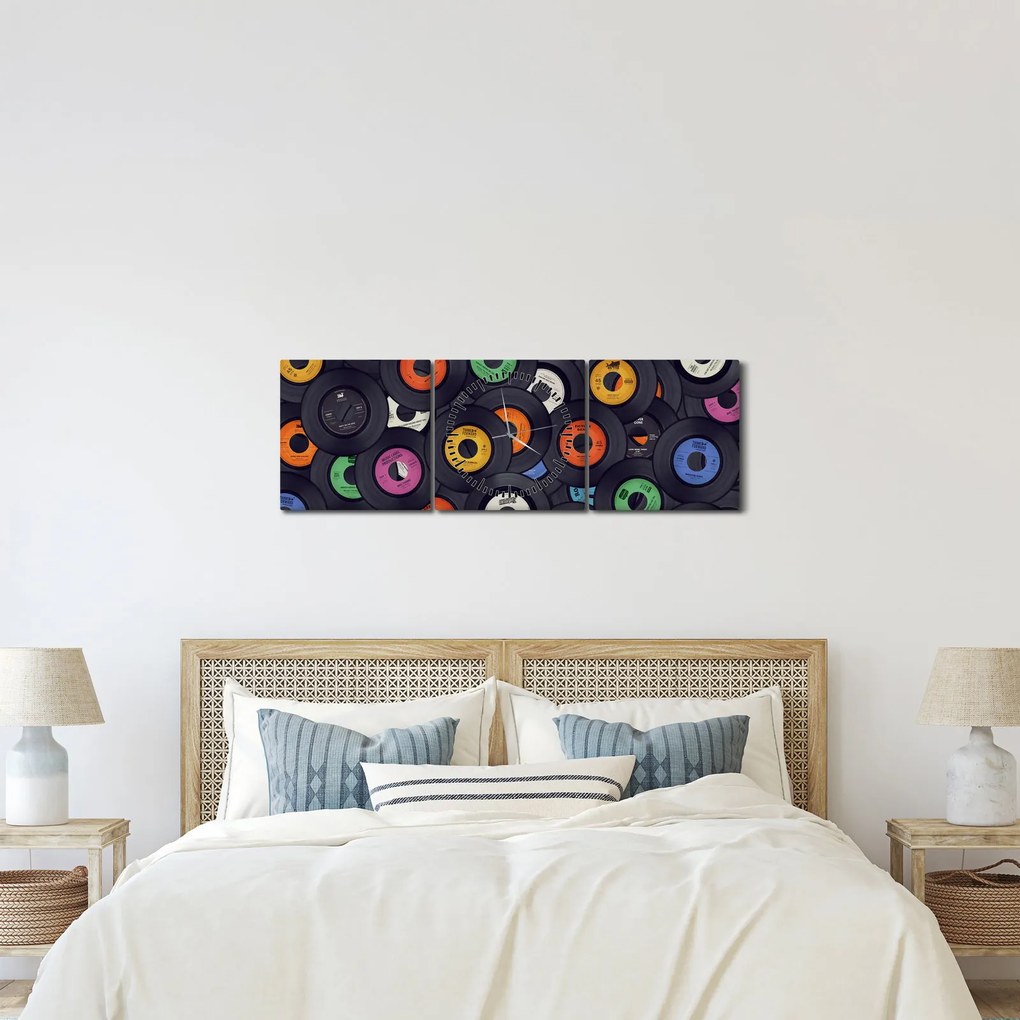 Obraz - Muzyczne płyty gramofonowe (z zegarem) (90x30 cm)