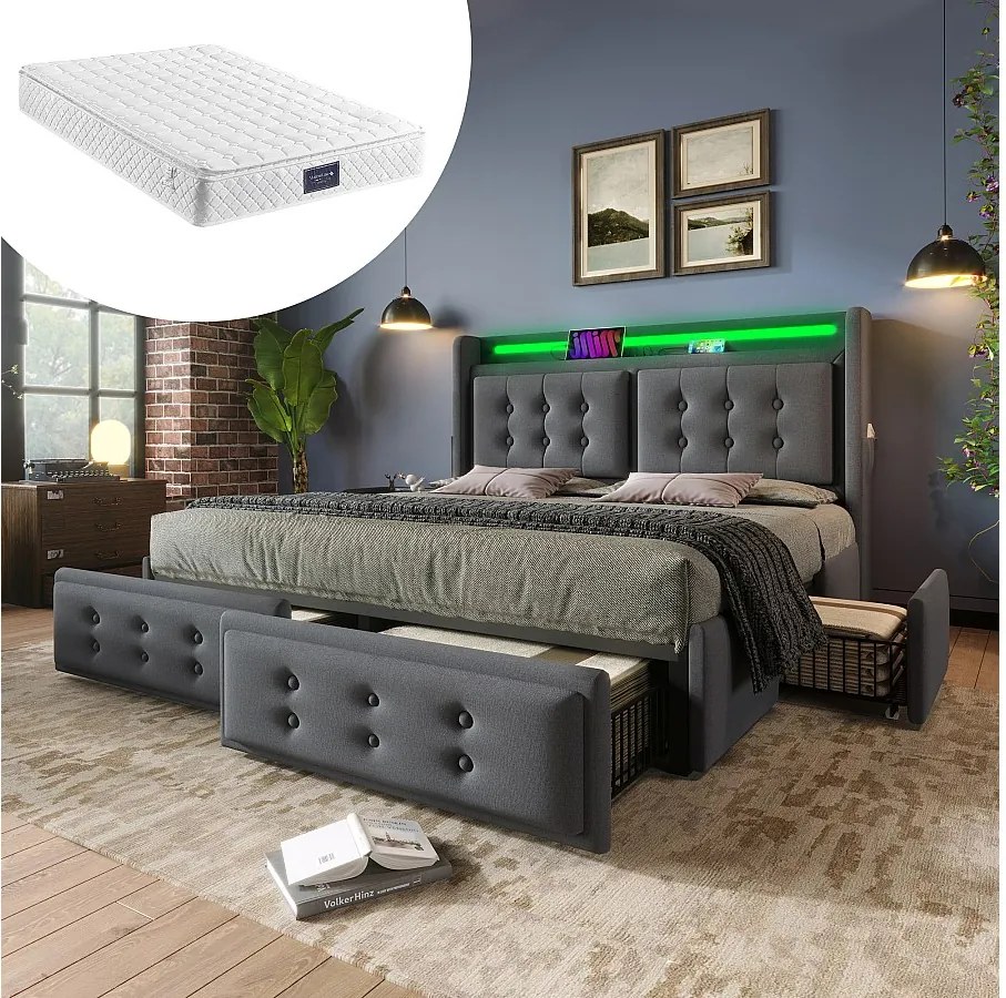 Łóżko tapicerowane z pojemnikiem na pościel - 160 x 200 cm - Materac + Leds + 4 szuflady + Zagłówek z USB - Tkanina bawełniana - Szary