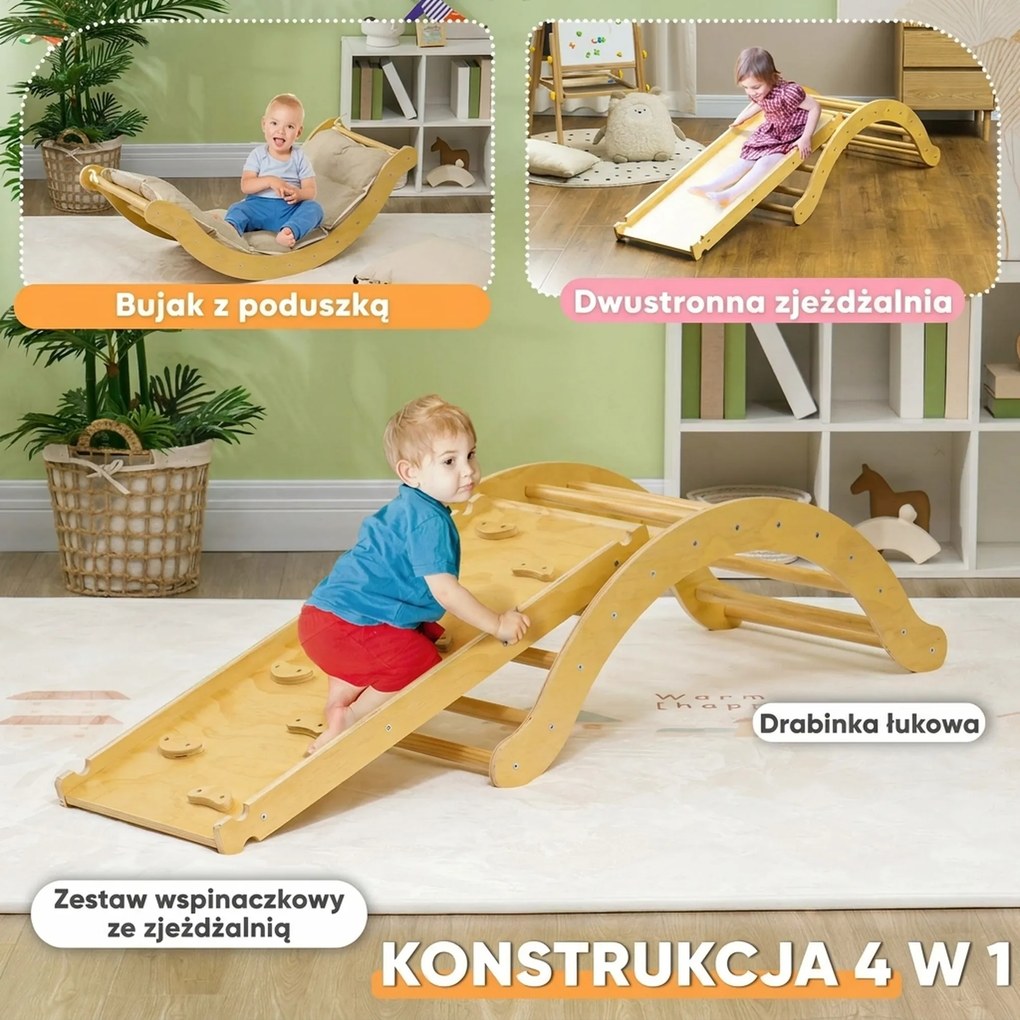 AIYAPLAY Zestaw wspinaczkowy dla dzieci, design 4 w 1 z mostkiem łukowym, huśtawką, poduszką, rampą zjeżdżalnią, do użytku wewnętrznego, Drewno