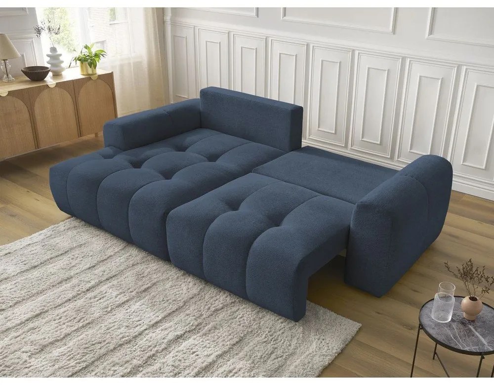 Niebieski rozkładany narożnik z tkaniny szenilowej ze schowkiem (lewostronny/z szezlongiem) Roxelane – Bobochic Paris