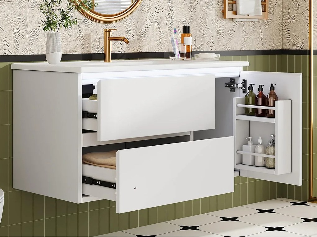 Wiszący mebel łazienkowy 91x46,5x50,5 cm - z ceramiczna umywalką - z oświetleniem LED - 2 szuflady i 1 drzwi - Biały
