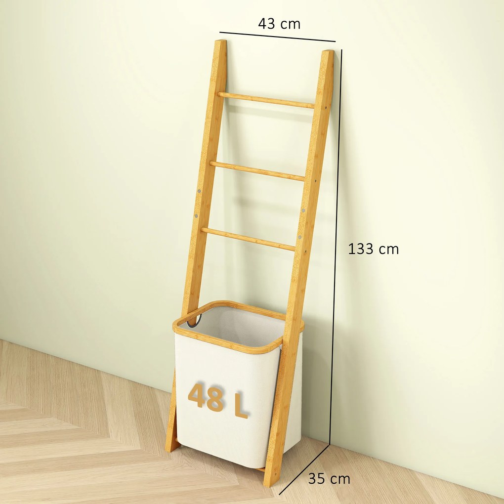 HOMCOM Regał łazienkowy, 2-w-1 z 3 drążkami, wyjmowany kosz na pranie 48L, bambusowy, 43 x 35 x 133 cm, kremowy | Aosom PL