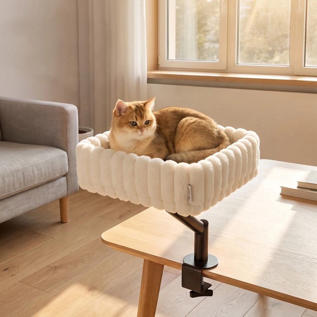 PawHut Łóżko biurkowe dla kota, łóżko na biurko z obrotem 360°, zawieszana piłeczka, regulowany zacisk dla kota poniżej 6 kg | Aosom PL