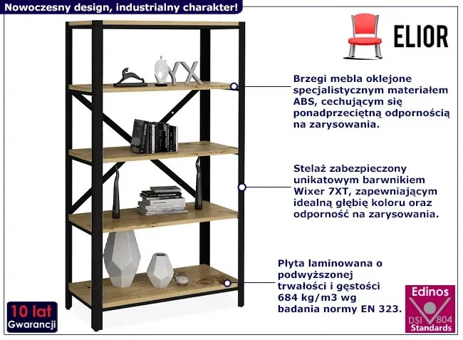 Nowoczesny regał z 5 półkami czarny + dąb artisan - Hordos 3X