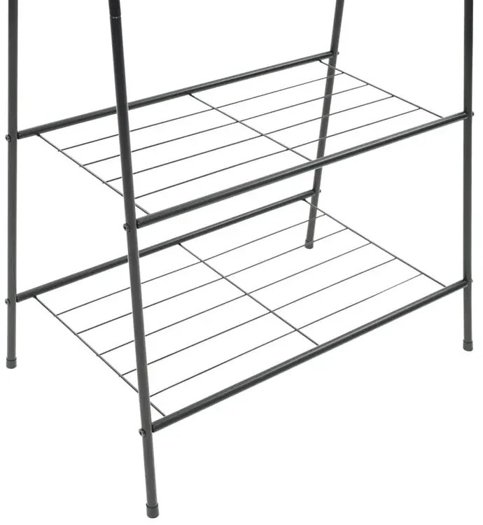 Czarny metalowy wieszak na ubrania z półkami R0-N47