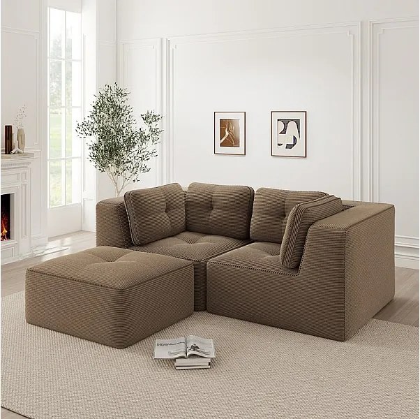 Canapé d'angle modulable, avec pouf et coussins, en velours côtelé, Marron, 208x177x69cm