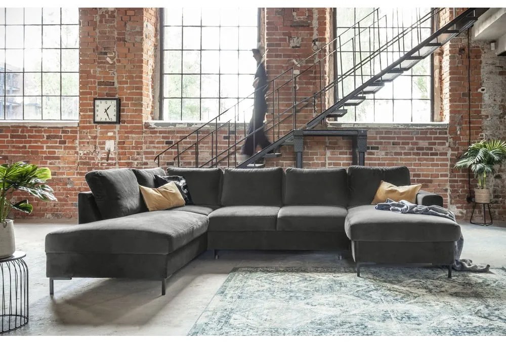 Ciemnoszara aksamitna rozkładana sofa w kształcie litery "U" Miuform Lofty Lilly, lewostronna