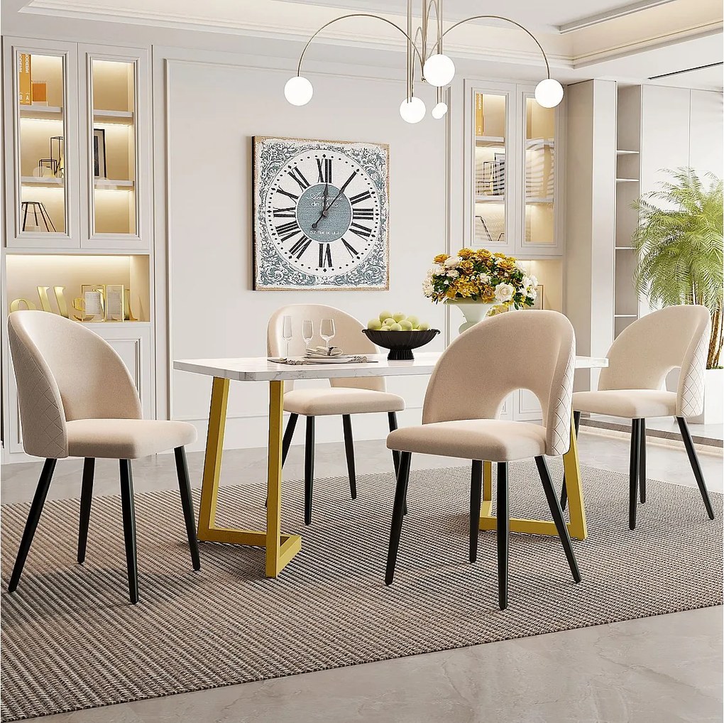 Zestaw stołowy 117 x 68 cm + 4 krzesła typu muszla - aksamitne i metalowe nogi - wzór diamentowy - beżowy