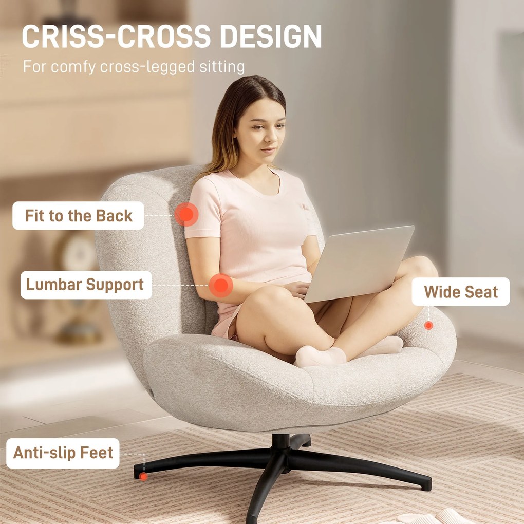 HOMCOM Obrotowy fotel tapicerowany, fotel akcentowy z wypełnieniem z waty PP, obicie z tkaniny, stalowa baza, kremowo-biały