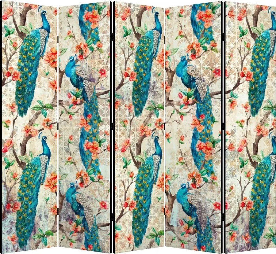 Parawan pokojowy 5-częściowy 225x172 Dwustronny dekoracyjny orientalny glamour Niebieski Królewskie Pawie W Kwiatach
