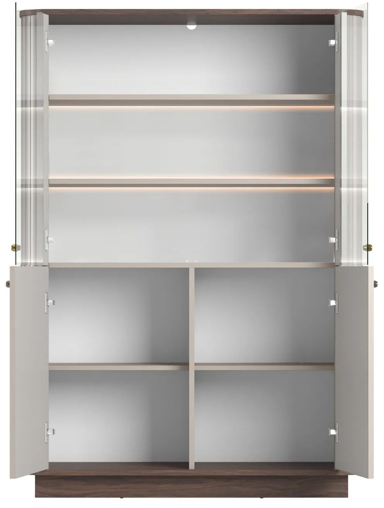 Witryna Vesper 103 cm czterodrzwiowa na cokole - kaszmir / orzech / złote uchwyty