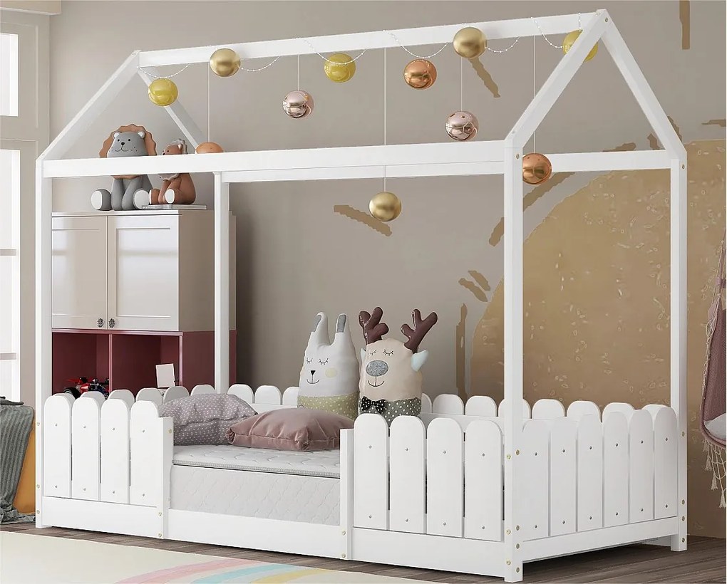 Łóżko domek 90x200cm z litego drewna - z ochroną przed upadkiem - Białe