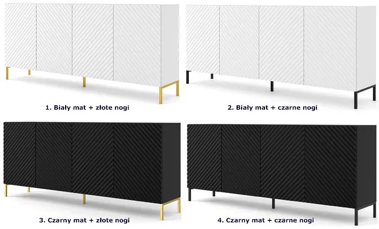 Komoda z półkami 200 cm czarny mat + czarne nóżki - Resa 4X