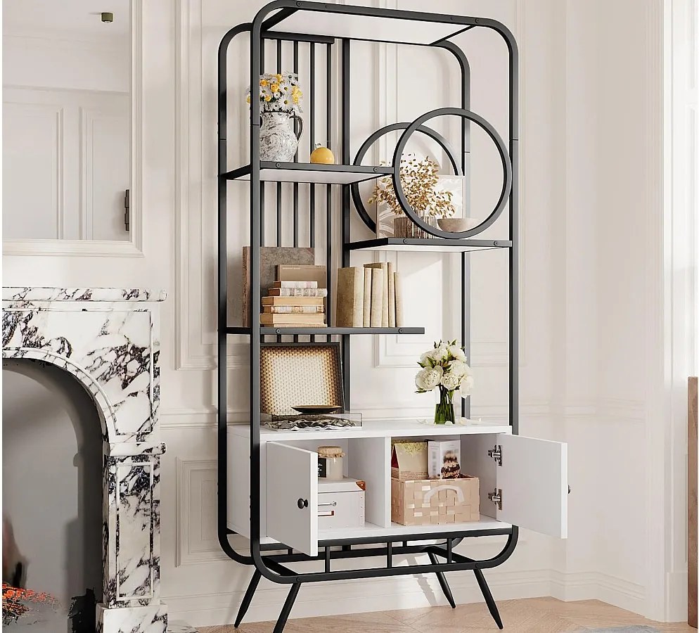 Nowoczesna metalowa biblioteczka 80×30×180 cm - mebel z 2 drzwiami - 3 półki - okrągłe elementy dekoracyjne - biały + czarny