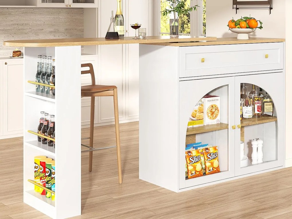 Obrotowy mebel barowy 360° i chowany - z 1 szufladą i 2 drzwiami - otwarte półki - biały + naturalny