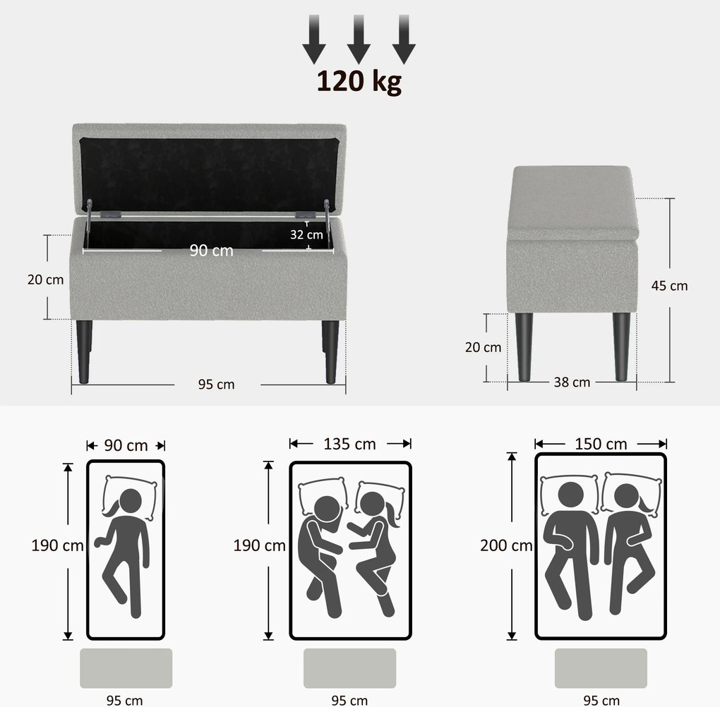 HOMCOM Ławka do Siedzenia z Przestrzenią do Przechowywania, do 120kg, Wygląd Aksamitu, 95x38x45cm, Szara