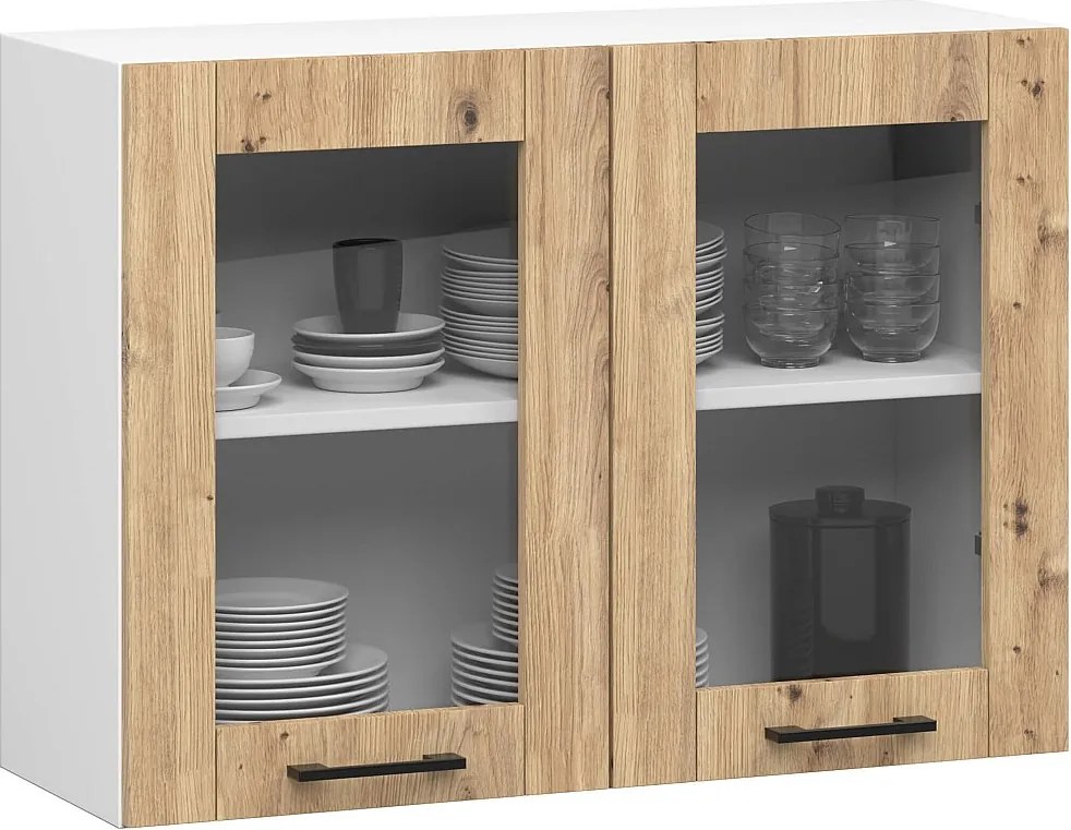 Szafka kuchenna wisząca witryna AKORD OLIWIA W80 Biała 80 cm 2 drzwi kolor Dąb Artisan mat 2 półki 80x30,5x58 cm