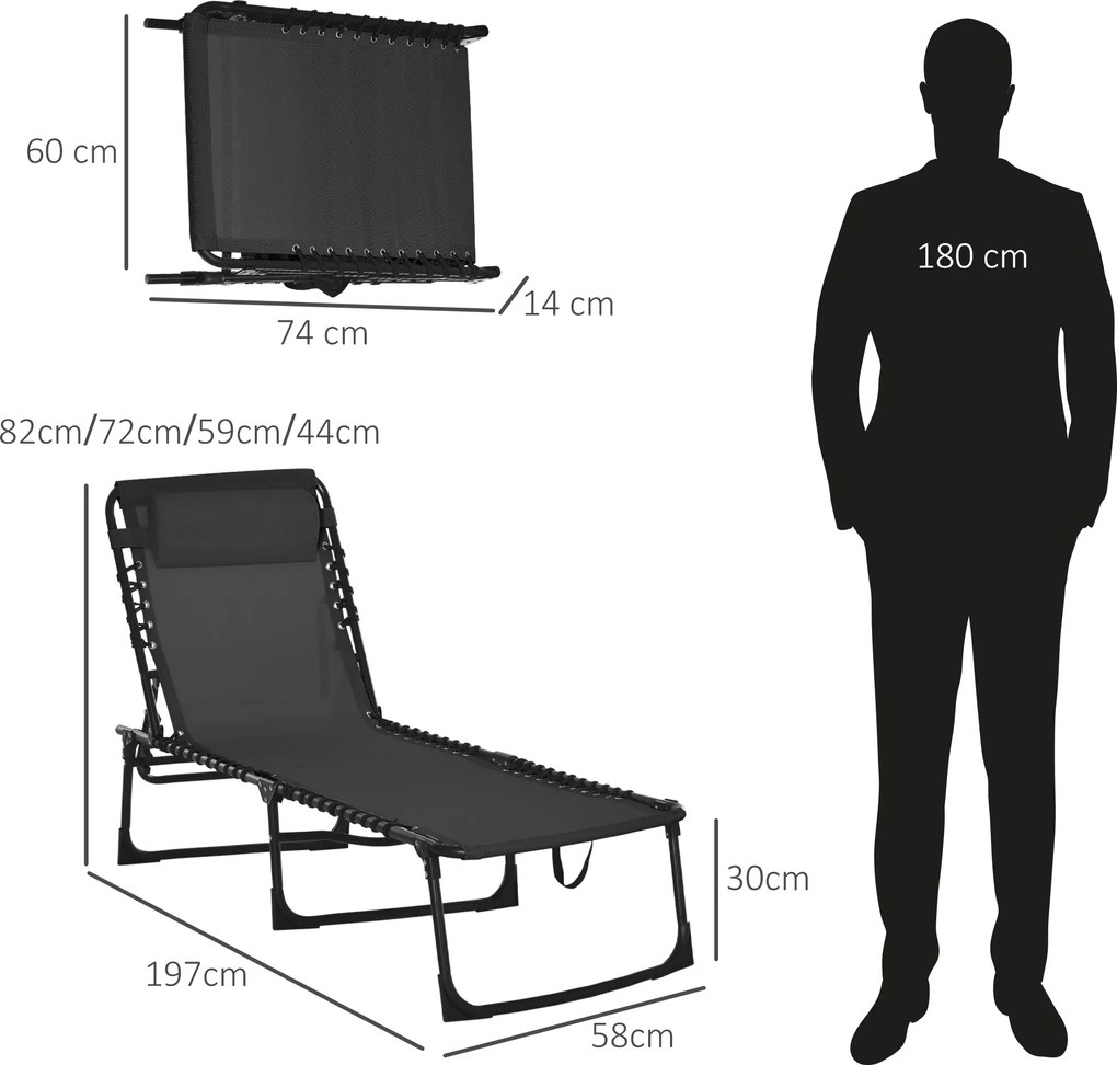 Outsunny Leżak Składany Ogrodowy Czarny Stal i Tkanina Siatkowa 4 Stopnie Regulacji Oparcia 197x58x76cm | Aosom PL