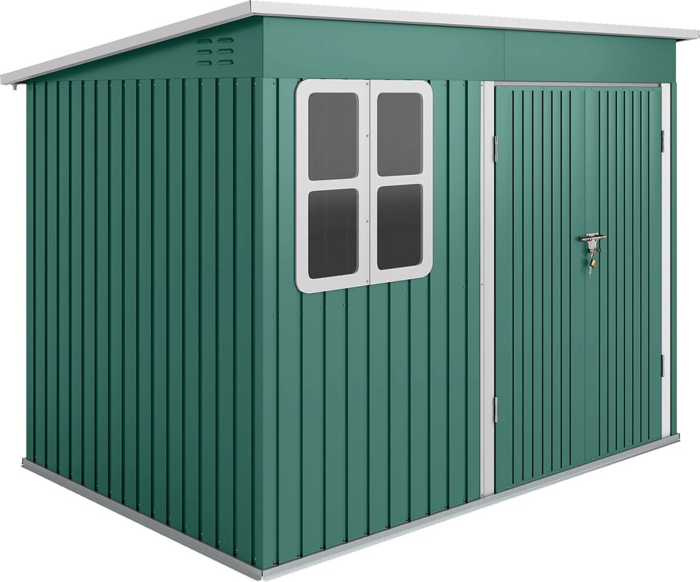Outsunny Metalowy schowek do przechowywania narzędzi ogrodowych, z oknem, szerokie drzwi, 260 x 177 x 190 cm, zielony | Aosom PL