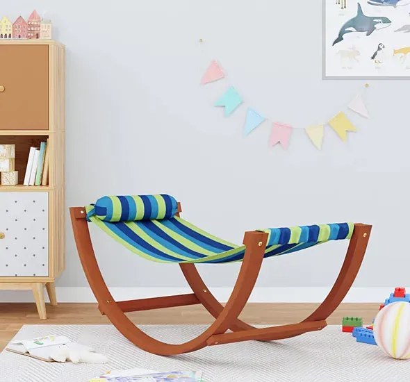 Zielono-niebieski leżak dziecięcy z drewnianym stelażem B6-S29