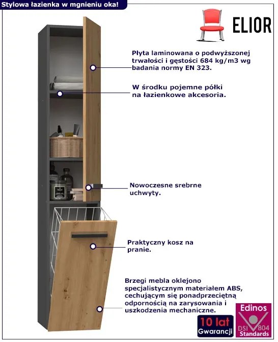 Wąska Szafka Łazienkowa Z Koszem Dąb Artisan Antracyt N2-F31
