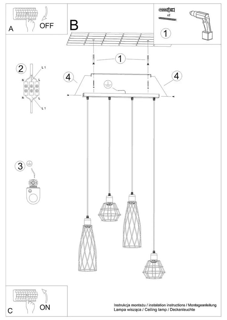 Lampa wisząca SUBA 4L czarna geometryczna SOLLUX  LIGHTING