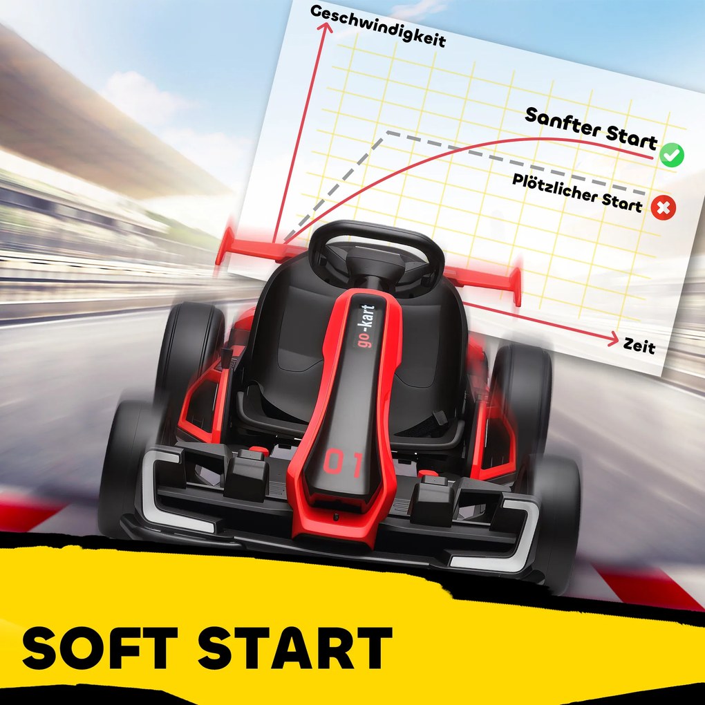 HOMCOM Gokart Elektryczny dla Dzieci z Klaksonem i Funkcją Muzyki, Regulowane Siedzisko, do 12 km/h, Tworzywo Sztuczne, Metal, Czerwony