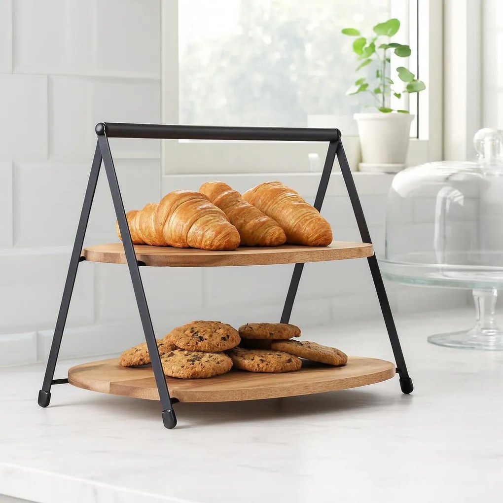 Dwupoziomowa patera na przekąski QUEST, poziomy z drewna akacji, 27 x 18 x 25 cm