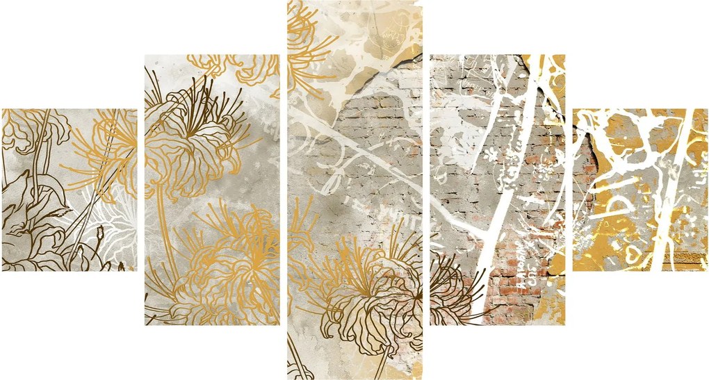 Obraz - Ściana w stylu vintage z kwiatami (125x70 cm)