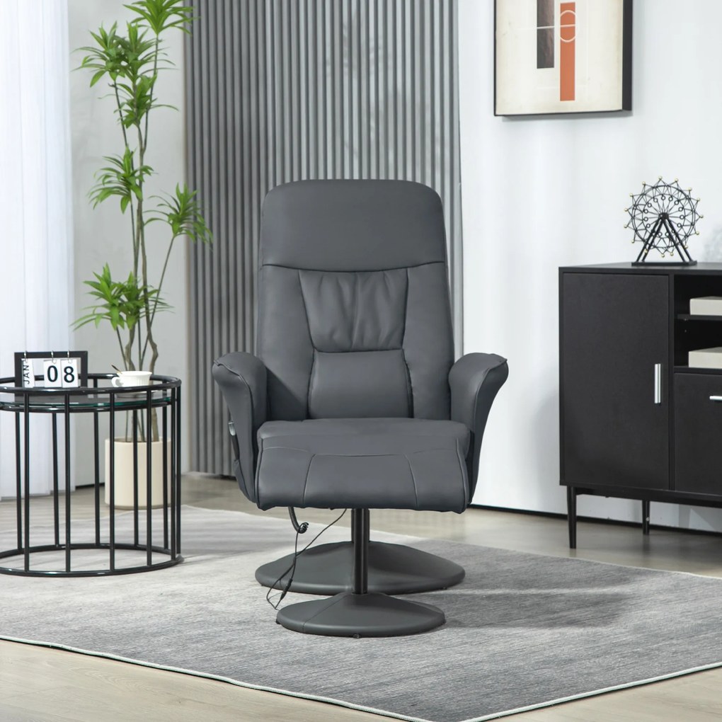 HOMCOM Fotel Masujący z Podnóżkiem, Ergonomiczne Krzesło z 10 Punktami Wibracji, Skóra Ekologiczna, 76 x 81 x 105 cm, Ciemnoszary