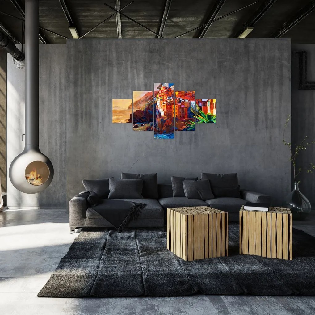 Obraz - Wieś na wybrzeżu Cinque Terre, Włoska Riviera, nowoczesny impresionism (125x70 cm)