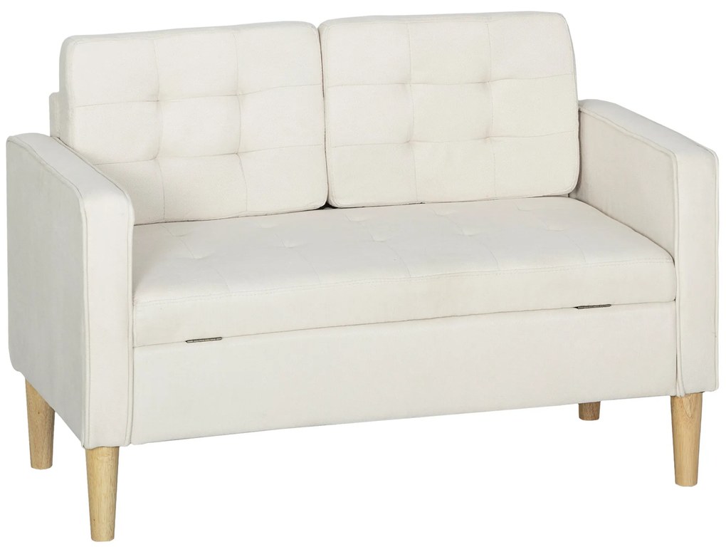 HOMCOM Sofa 2-osobowa z pojemnikiem i pikowaniem — welur, kremowa, 117×62×78 cm