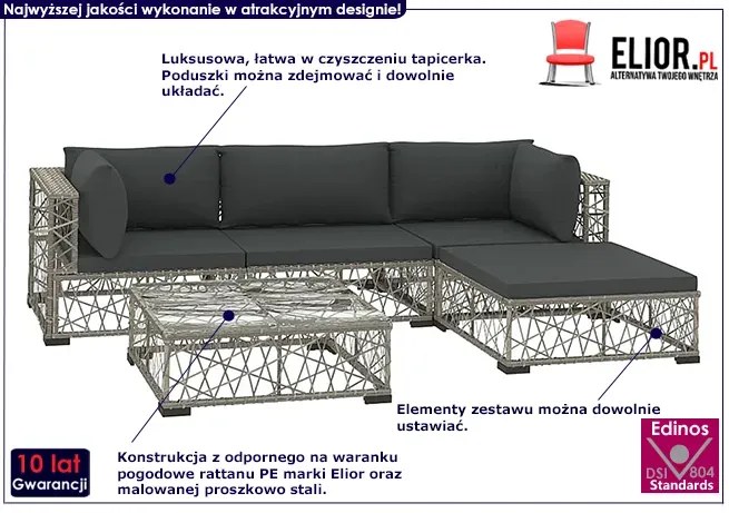 5-częściowy szary zestaw wypoczynkowy do ogrodu - Dehab 5A
