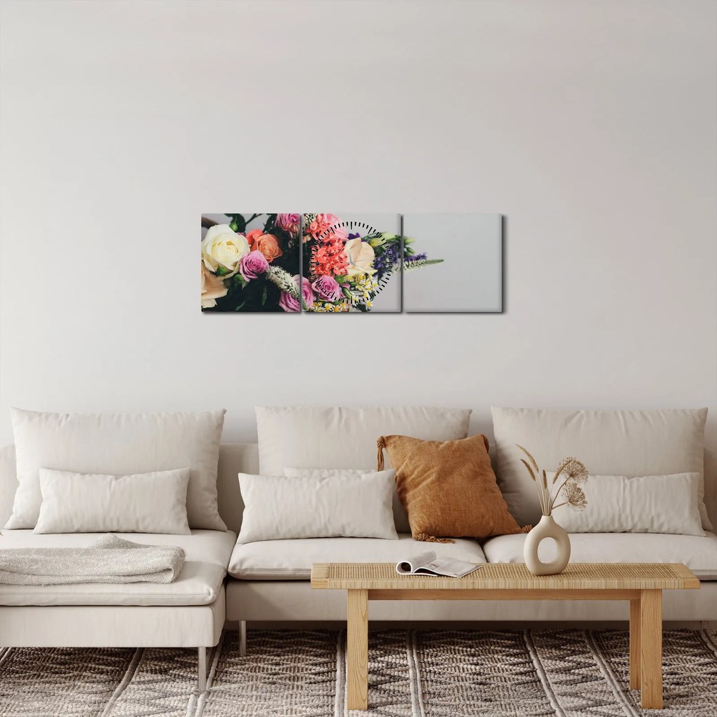 Obraz kosza z kwiatami (z zegarem) (90x30 cm)