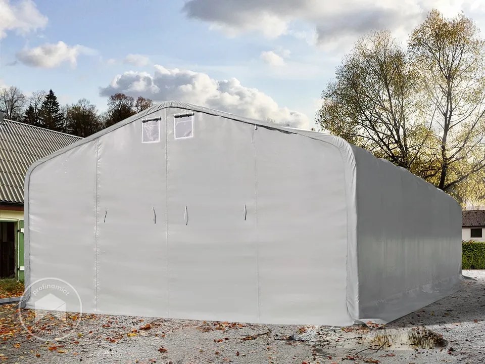 TOOLPORT 8x12m Namiot garażowy - 3 m wysokość ścian bocznych z 4x3,6m brama, PVC 850, szary, ze statyką (podłoże gruntowe) - (99472)
