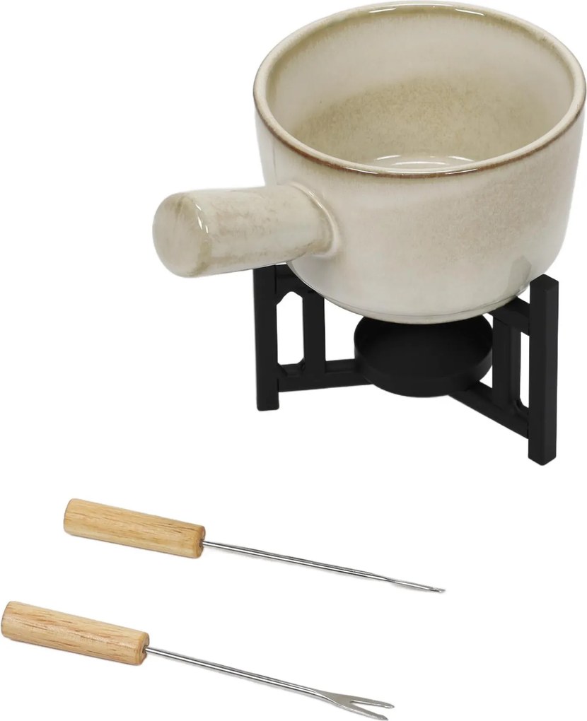Zestaw do fondue serowego, rondelek z porcelany, 2 widelce