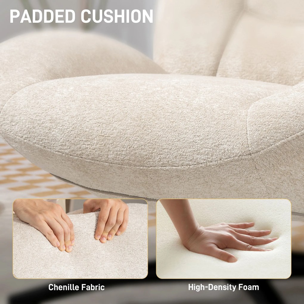 HOMCOM Obrotowy fotel tapicerowany, fotel akcentowy z wypełnieniem z waty PP, obicie z tkaniny, stalowa baza, kremowo-biały