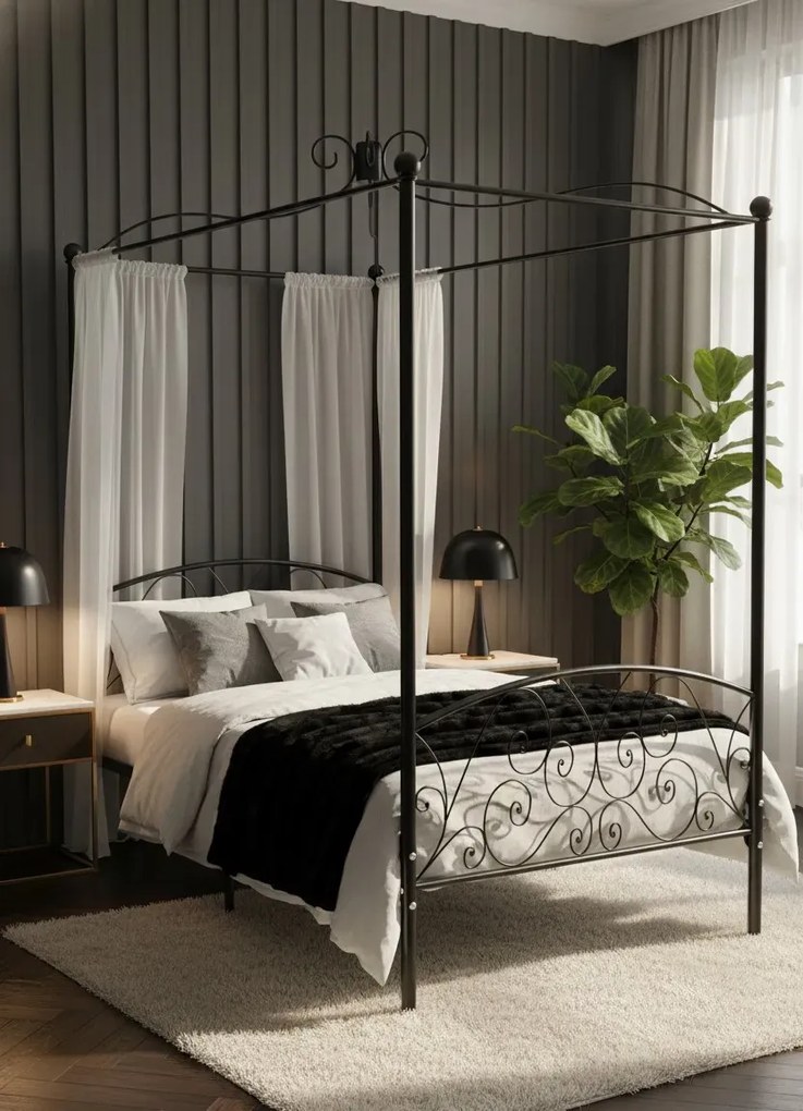 Czarne rustykalne łóżko z baldachimem 100x200 cm W7-E66