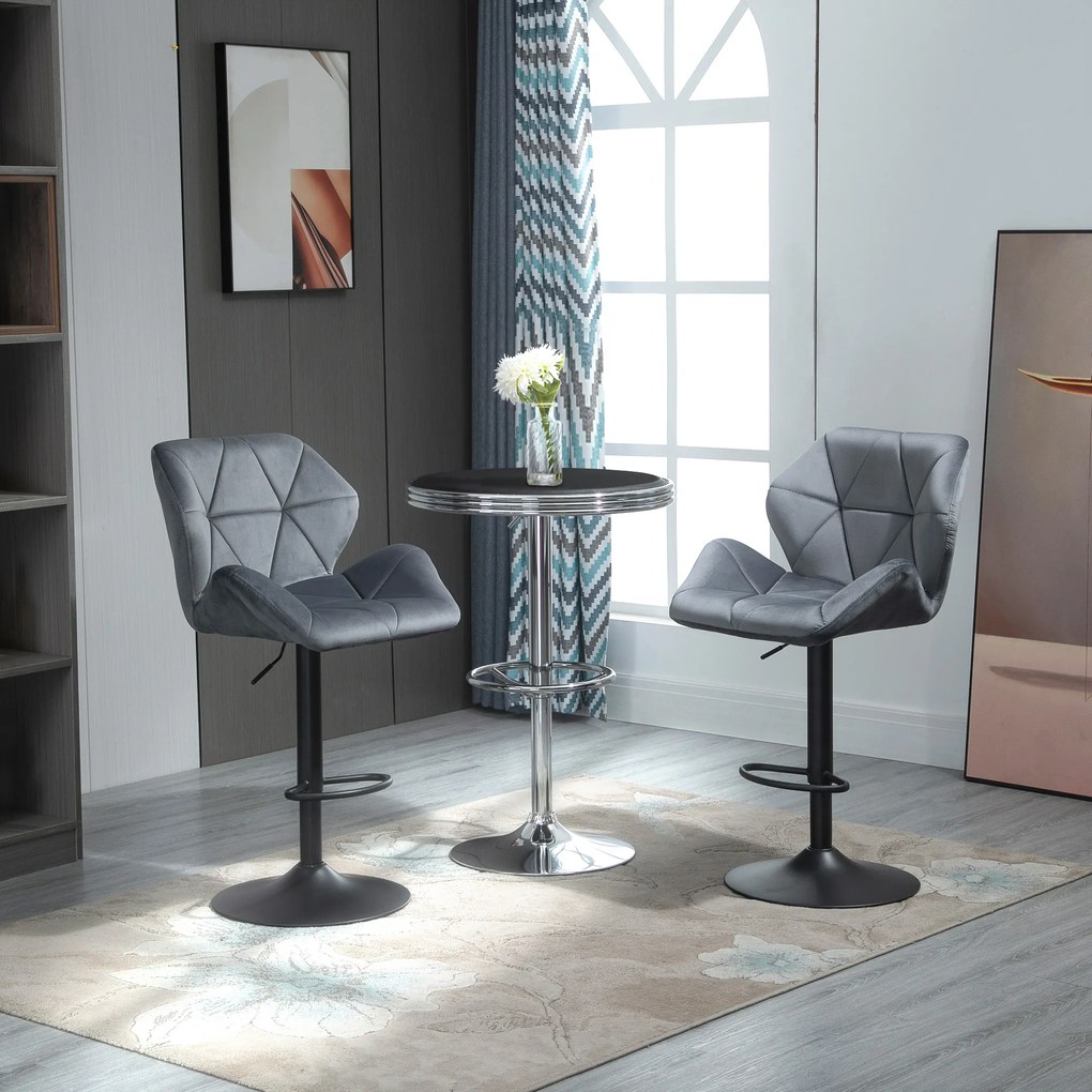 HOMCOM Zestaw 2 hokerów, tapicerowany stołek barowy z metalową ramą, z oparciem, welurowy wygląd, regulacja wysokości, obrót 360°
