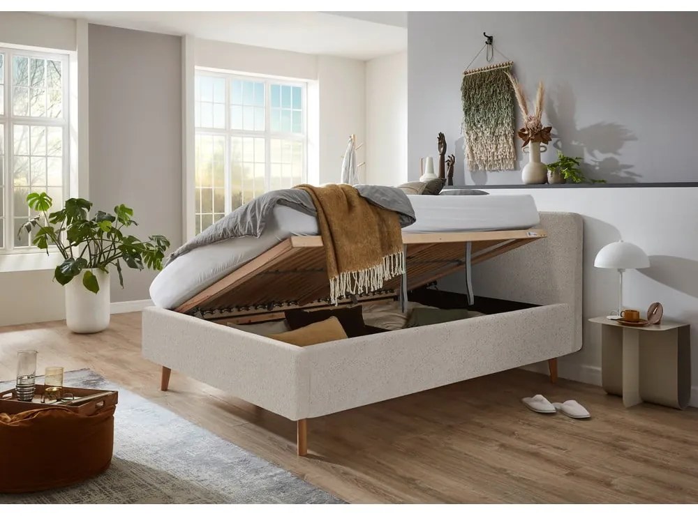 Beżowe tapicerowane łóżko dwuosobowe ze schowkiem ze stelażem 140x200 cm Mattis – Meise Möbel