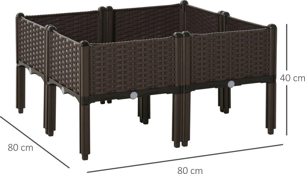Outsunny podwyższona grządka 6-częściowa skrzynia na rośliny z otworami odpływowymi o wyglądzie rattanu kwietnik DIY kolor brązowy 40 x 40 x 44 cm