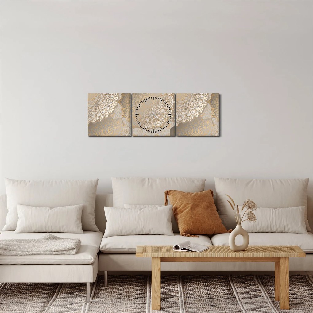 Obraz - Mandale w złotych odcieniach (z zegarem) (90x30 cm)