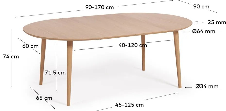 Okrągły rozkładany stół w dekorze dębu ø 90 cm Oqui – Kave Home