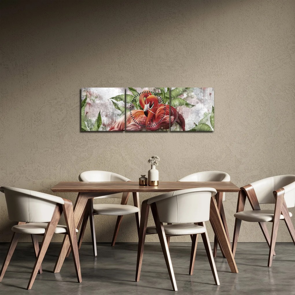 Obraz - Flamingi (z zegarem) (90x30 cm)