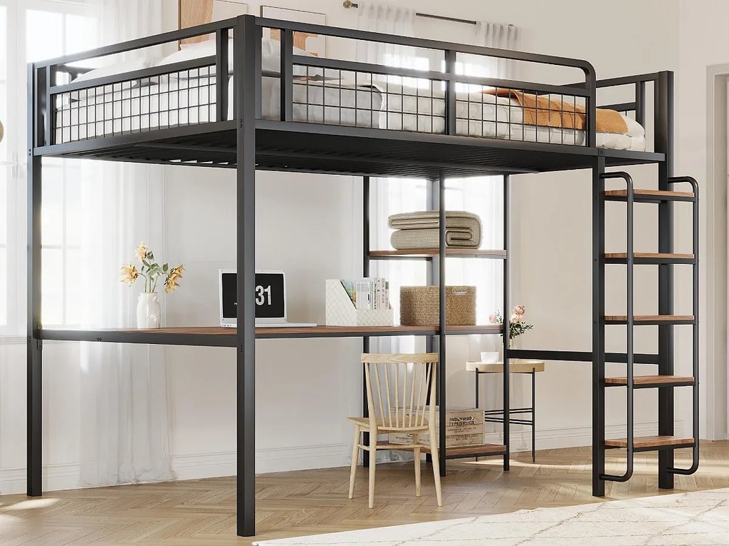Łóżko mezzanine metalowe 140x200 cm - z biurkiem i drabiną bezpieczeństwa - Czarne