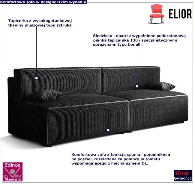 Czarna rozkładana sofa sztruksowa - Lider 3X