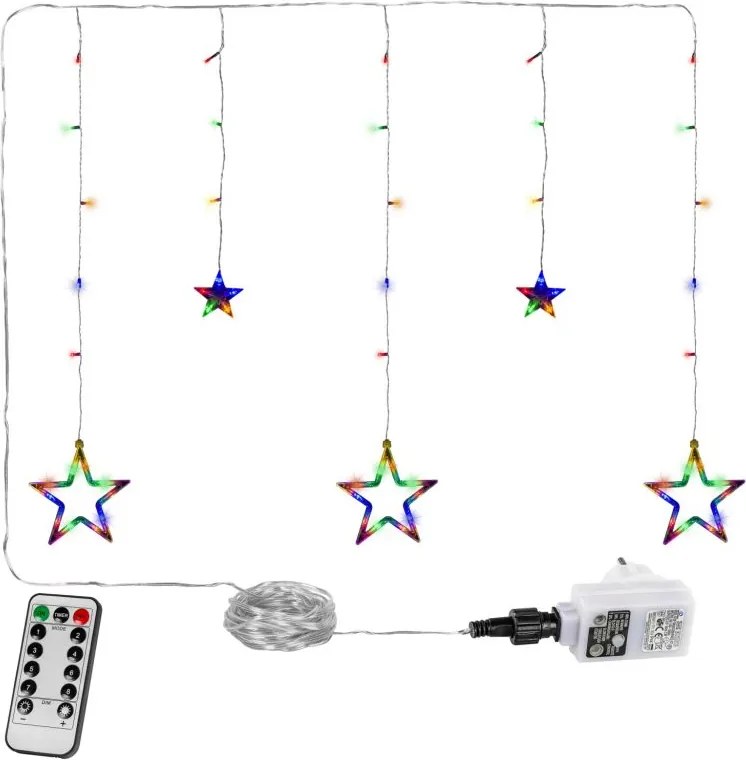 Świąteczna kurtyna 5 gwiazdek, 61 LED, kolorowa, pilot
