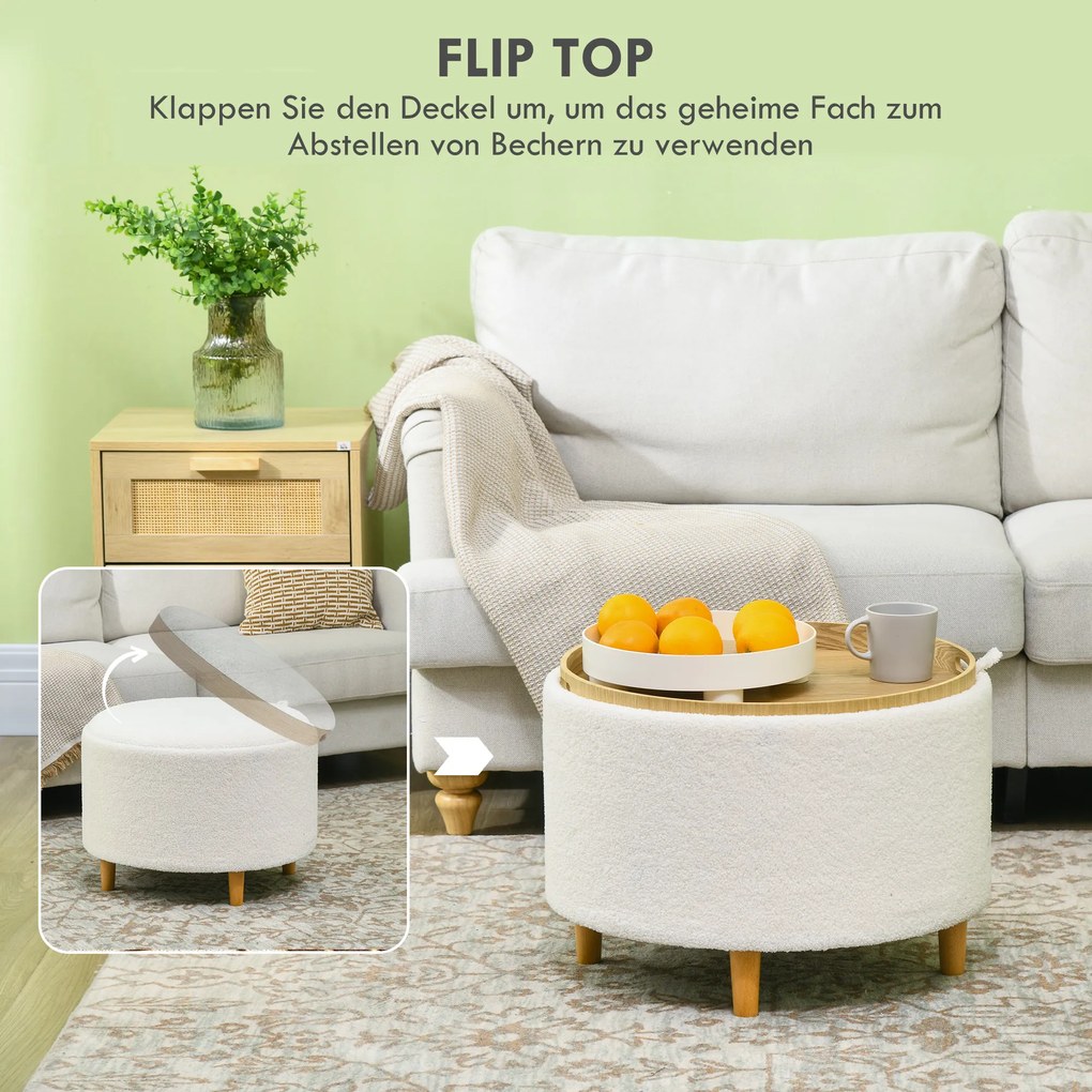 HOMCOM Stołek otomana ze schowkiem, okrągły stołek ze składanym siedziskiem, drewniane nogi, nowoczesny, do salonu, sypialni, biały, Ø56 x 42 cm